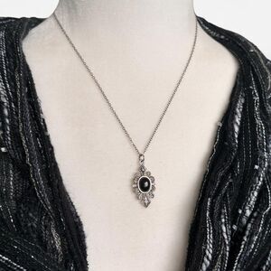 Vintage Black & Silver Tone Charm on Dainty Necklace